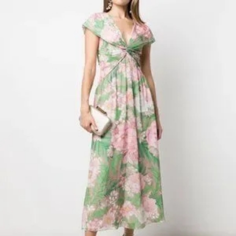 Tadashi Shoji Pink and Green Floral Maxi Dress